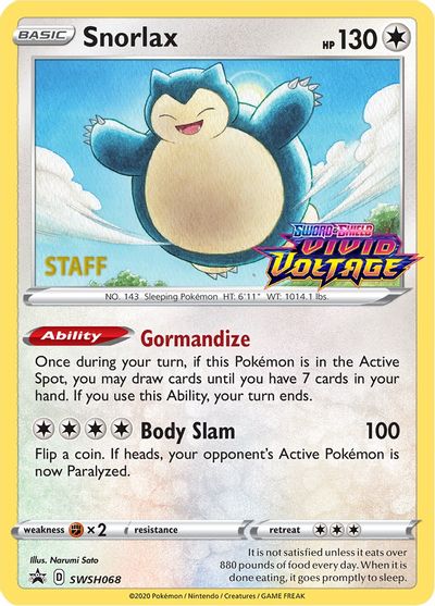 Snorlax (SWSH068) (Staff Prerelease Promo) [Sword & Shield: Black Star Promos] | GnG Games