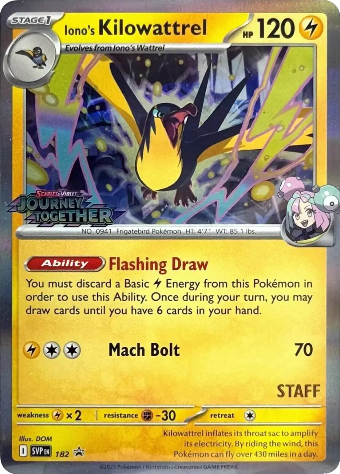 Iono's Kilowattrel (182) (Prerelease Staff) [Scarlet & Violet: Black Star Promos] | GnG Games