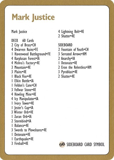 1996 Mark Justice Decklist Card [World Championship Decks] | GnG Games