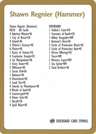 1996 Shawn "Hammer" Regnier Decklist Card [World Championship Decks] | GnG Games