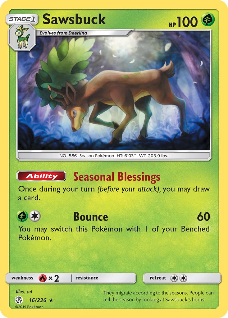 Sawsbuck (16/236) (Prerelease Kit Exclusive) (Theme Deck Exclusive) [Sun & Moon: Cosmic Eclipse] | GnG Games
