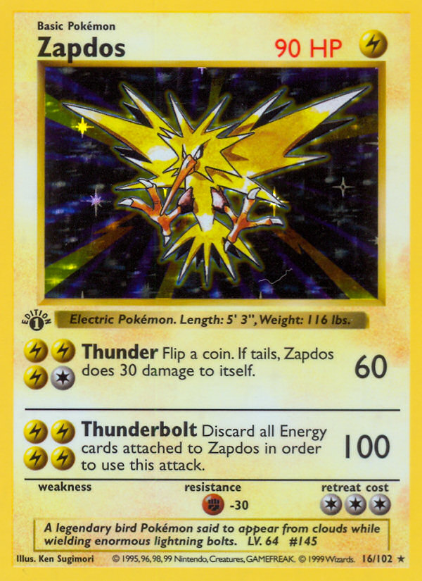 Zapdos (16/102) (Shadowless) [Base Set 1st Edition] | GnG Games