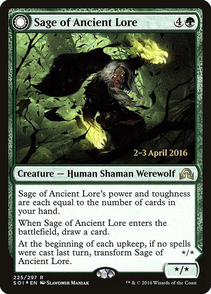 Sage of Ancient Lore // Werewolf of Ancient Hunger [Shadows over Innistrad Prerelease Promos] | GnG Games