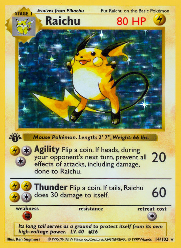 Raichu (14/102) (Shadowless) [Base Set 1st Edition] | GnG Games