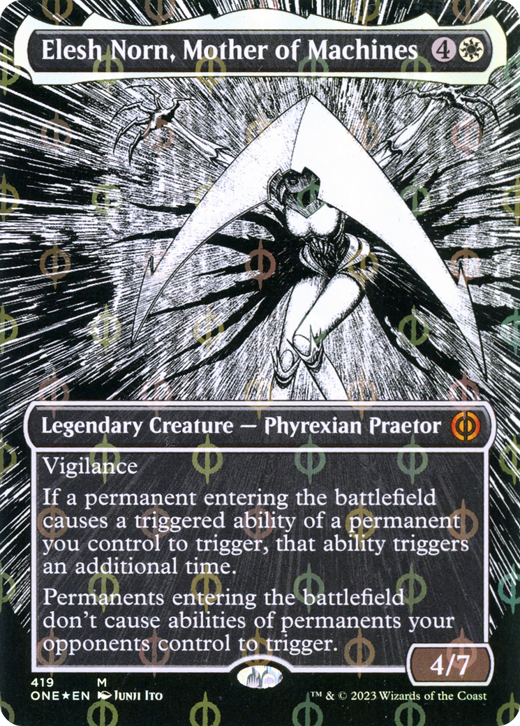 Elesh Norn, Mother of Machines (Borderless Manga Step-and-Compleat Foil) [Phyrexia: All Will Be One] | GnG Games