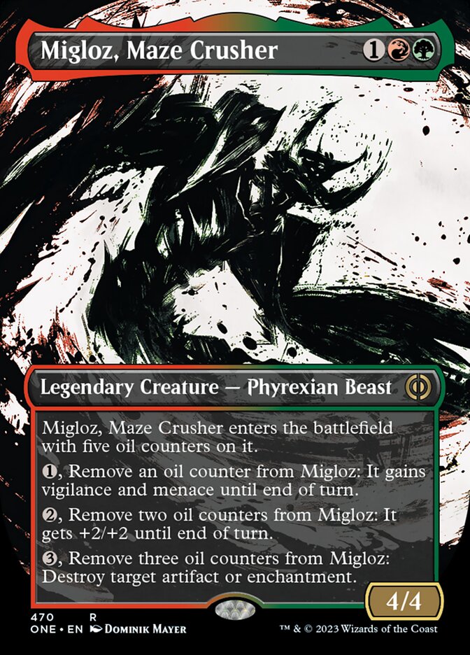 Migloz, Maze Crusher (Borderless Ichor Step-and-Compleat Foil) [Phyrexia: All Will Be One] | GnG Games